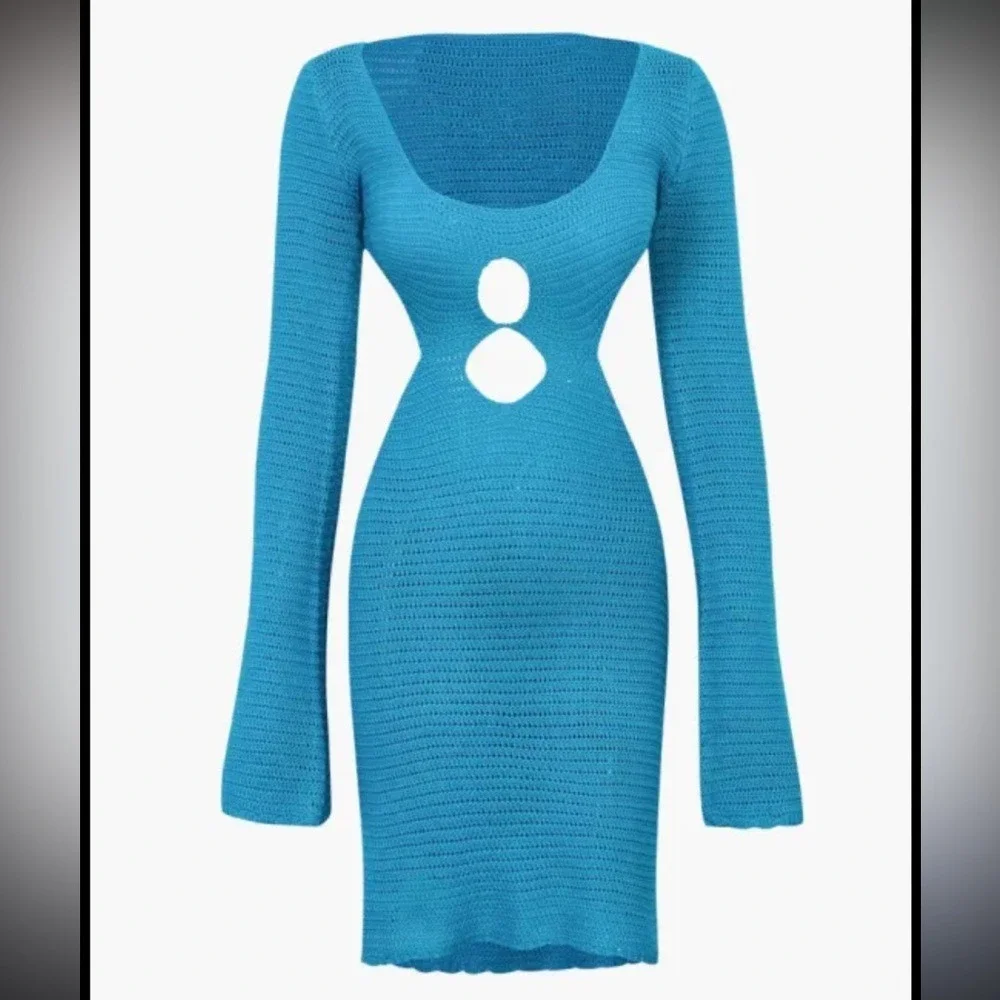 Sexy Blue Knit Dress Size Medium‎ Beach Club Party Date Crochet Cut Out Boho Hot